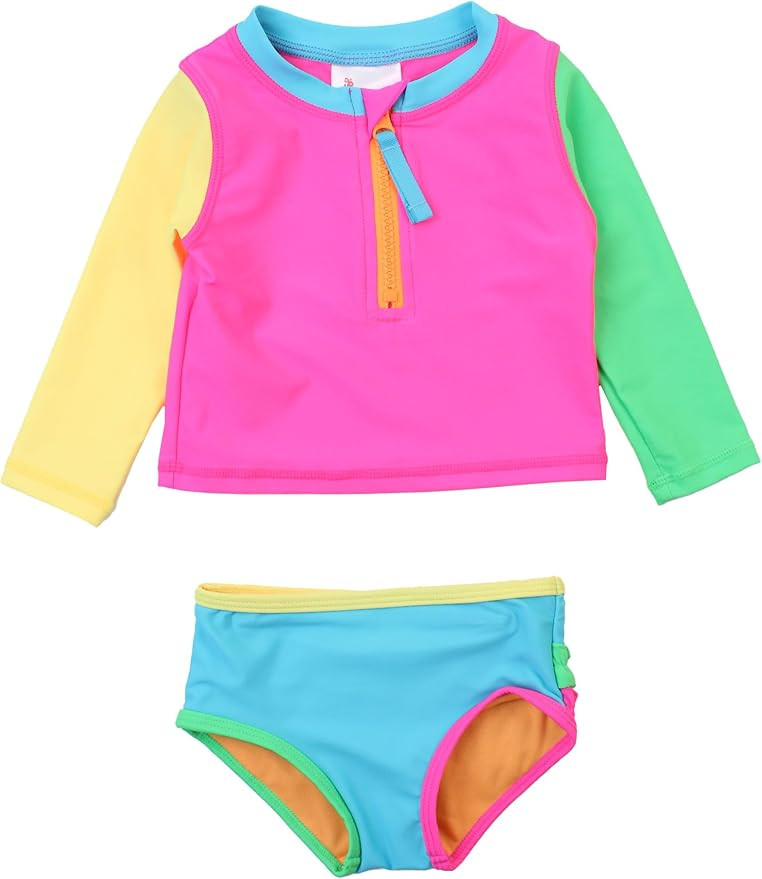 RuffleButts® Baby/Toddler Girls Long Sleeve Rash Guard 2 Piece Swimsuit Set w/UPF 50+ Sun Protec... | Amazon (US)