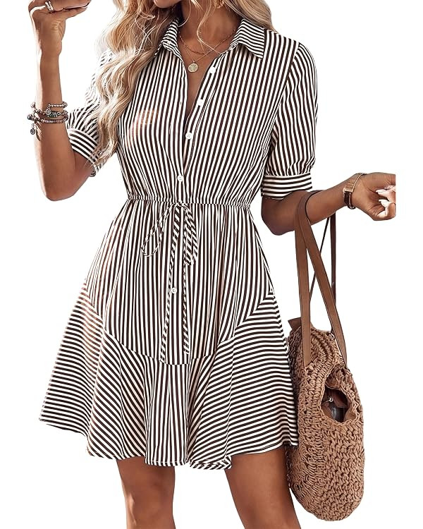 MASCOMODA Womens Puff Short Sleeve Striped Mini Summer Dress Spring Casual V Neck Button Down A L... | Amazon (US)