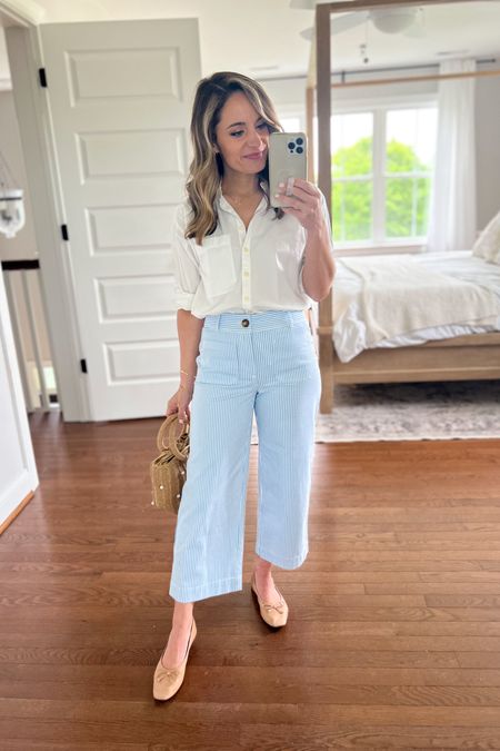 Other ways I would wear these striped wide leg pants! A tucked in button down. I love classic white but a denim button down would also look great. Linking a few other options I think would work well.

Pants: petite 00 (size down, they stretch with wear)
Top: petite xxs 
Shoes: tts 

#LTKstyletip #LTKSeasonal
