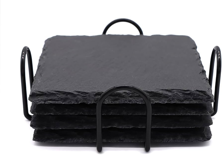4 PCS Square Slate Drink Coasters Set, SIJDIEE 4 Inch Black Slate Stone Coasters with Anti-Scratc... | Amazon (US)