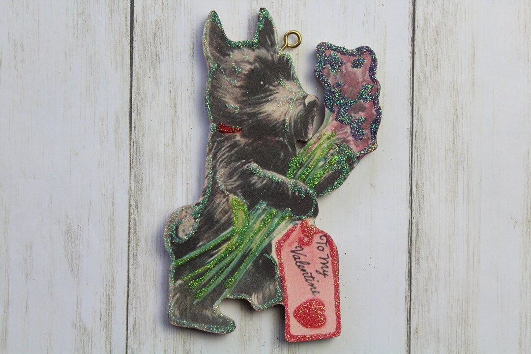 Scottie Dog With Flowers Valentine Ornament Vintage Card Image Glitter and Wood Holiday Tree Deco... | Etsy (US)