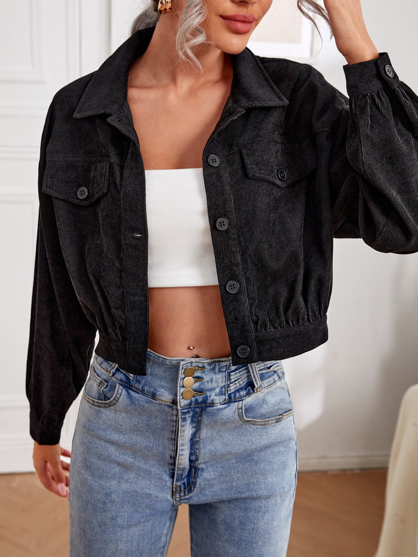 Corduroy Flap Detail Crop Jacket | SHEIN