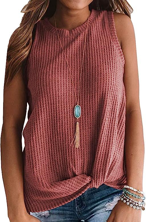 Womens Casual Tops Sleeveless Cute Twist Knot Waffle Knit Shirts Tank Tops | Amazon (US)