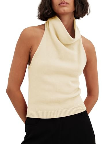 Langwyqu Womens Turtleneck Sweater Vests Sleeveless Knit Halter Tank Tops Sexy Loose Cami Shirts Beige | Amazon (US)