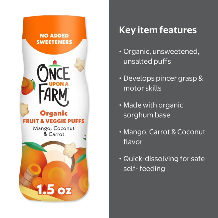 Once Upon a Farm Organic Baby Puffs, Mango, Carrot & Coconut, 1.5oz Canister | Walmart (US)