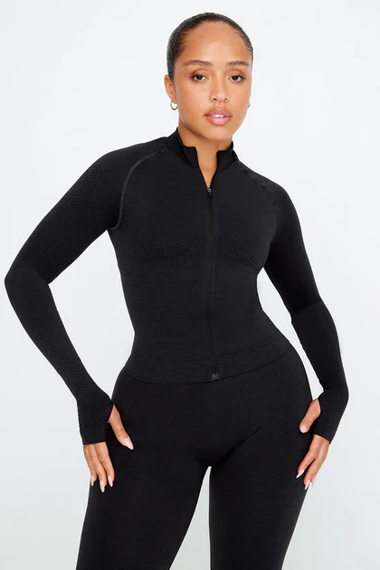SCULPT SEAMLESS MOCK NECK ZIP THROUGH JACKET- BLACK MARL | TALA (UK)