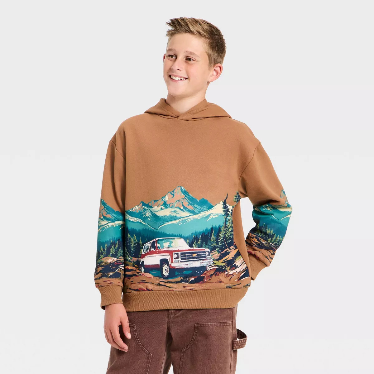 Boys' Chevrolet Oversized Hooded Fleece Sweatshirt - Brown XL | Target