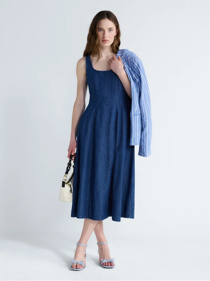 Free Assembly Women's and Women's Plus Square Neck Cotton Midi Panel Dress, Sizes XS-4X - Walmart... | Walmart (US)