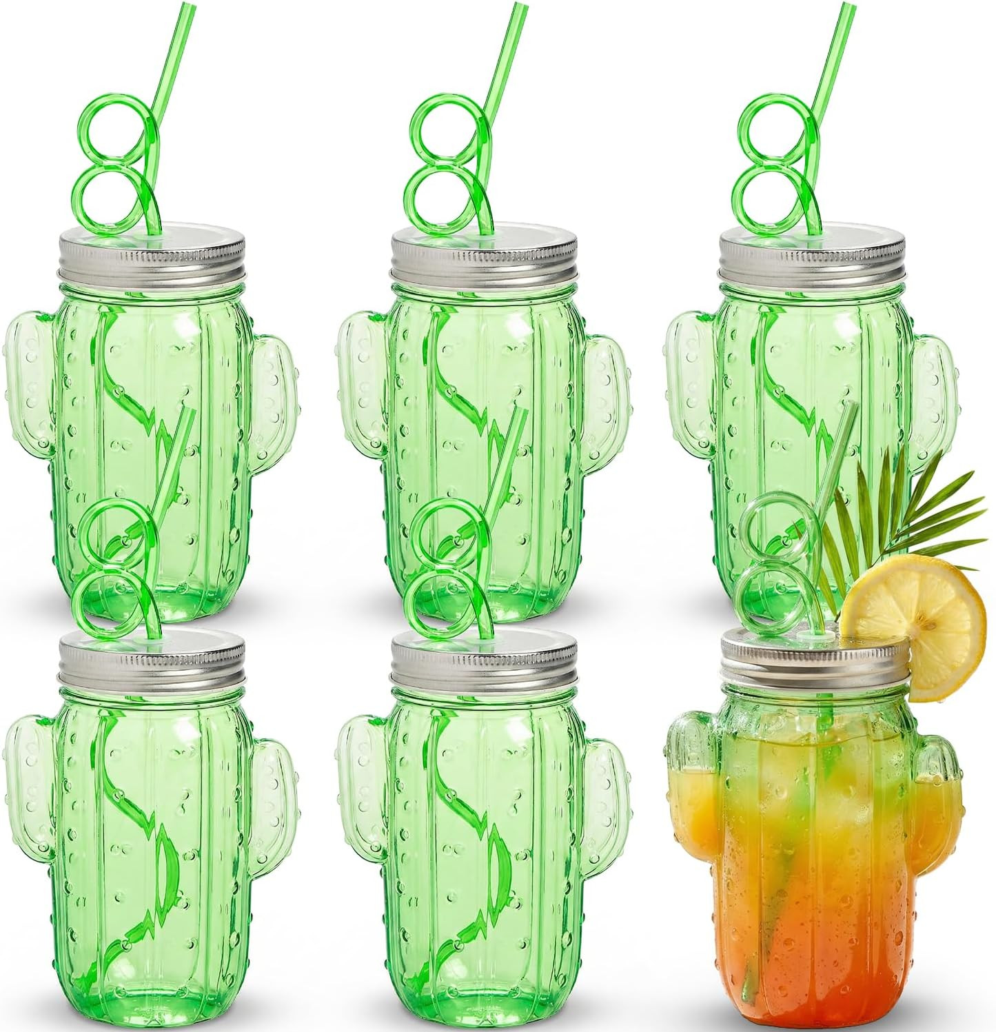 Cactus Mason Jar Plastic Cups with Lids and Straws – 18 oz, 6-Pack – Reusable Green-Tint Drin... | Amazon (US)