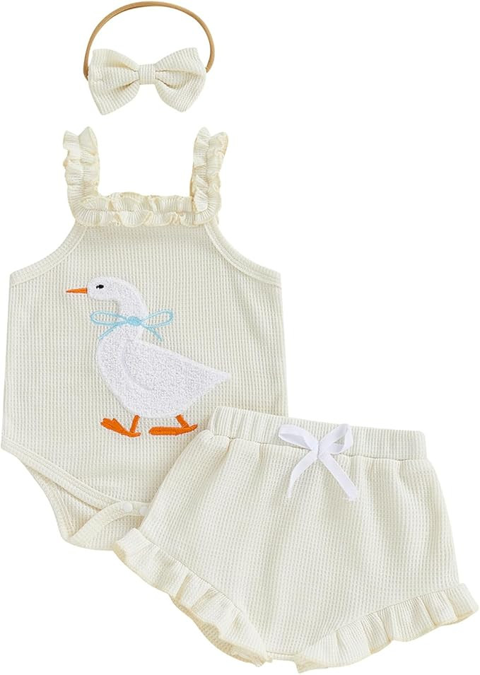 Baby Girl Clothes Infant Sleeveless Romper Bodysuit + Ruffle Bloomers Shorts+Headband Newborn Sum... | Amazon (US)