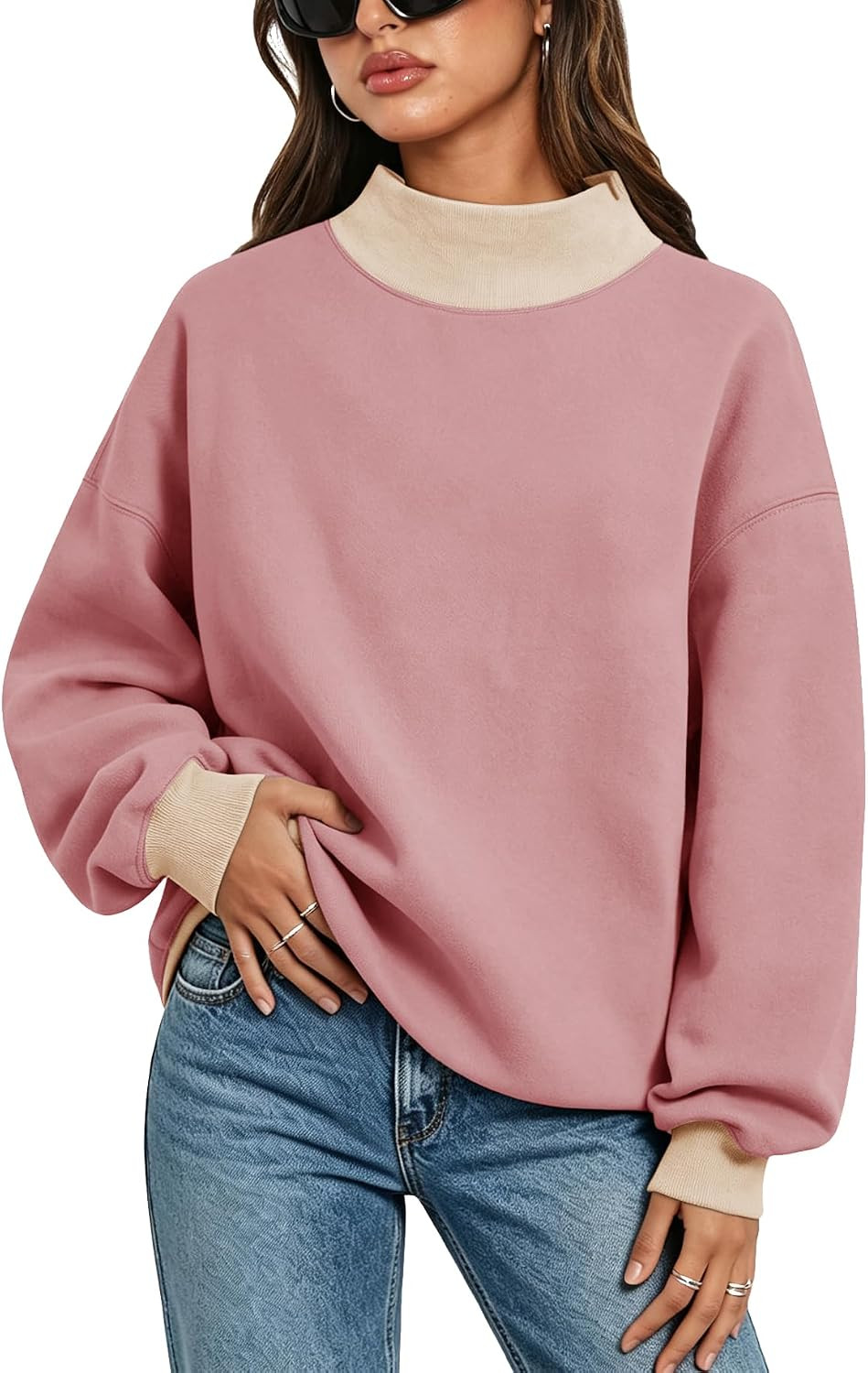 Women's Oversized Sweatshirts Color Block Turtleneck Fleece Pullover Tops Long Sleeve Loose Fall Fashion Outfits | Amazon (US)