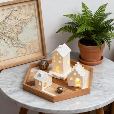 White Ceramic Christmas Village Houses, LED Light-Up Mini Porcelain Decor Set For Table Mantel Shelf â Holiday Home Indoors Winter Xmas Decoration | Wayfair North America