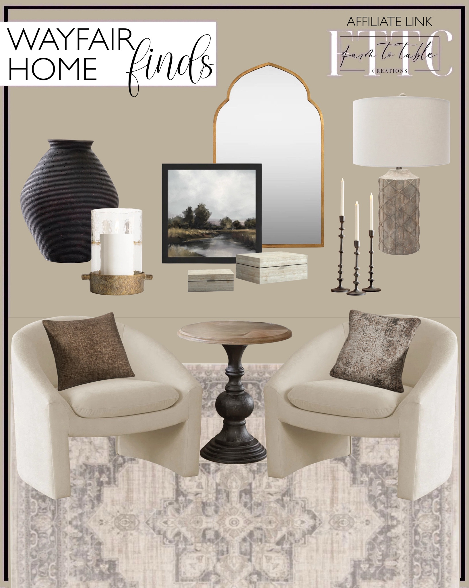 Wayfair Home Finds. Follow @farmtotablecreations on Instagram for more inspiration.

Steven Chenille Barrel Chair. Cardy Oriental Rug. Madeline Wood End Table. Woven Chenille Throw Pillow. Damask Pillow Cover. Resin Table Lamp. Black Table Vase. Aluminum Hurricane. Taper Candleholders. River Print. Metal Flat Wall Mirror. Decorative Box Set. 

Wayfair Home. Wayfair Home Finds. Living Room Furniture. Living Room Decor. Budget Friendly Decor. 48 Hour Clearance 

#LTKSaleAlert #LTKFindsUnder50 #LTKHome