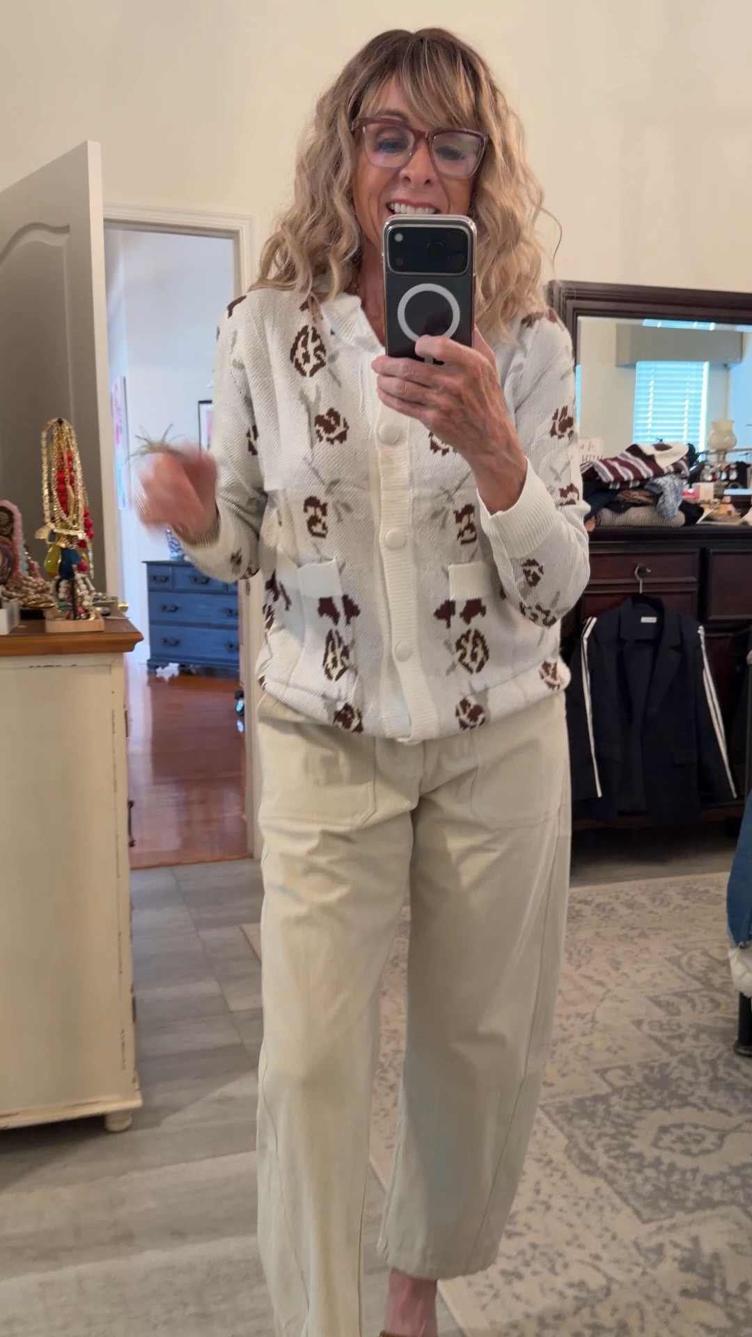 Loving this floral cardigan for fall. Especially with these creamy ivory cords. 
Wearing a small. 
Fall fashion over 50

#LTKOver40 #LTKstorytime