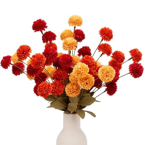 12 Pcs 20" Faux Kiku Flowers Fall Flowers Artificial for Decoration Burnt Orange Autumn Floral Stems Assorted Silk Mums Balls for Vase Home Decor Arrangement Table | Amazon (US)