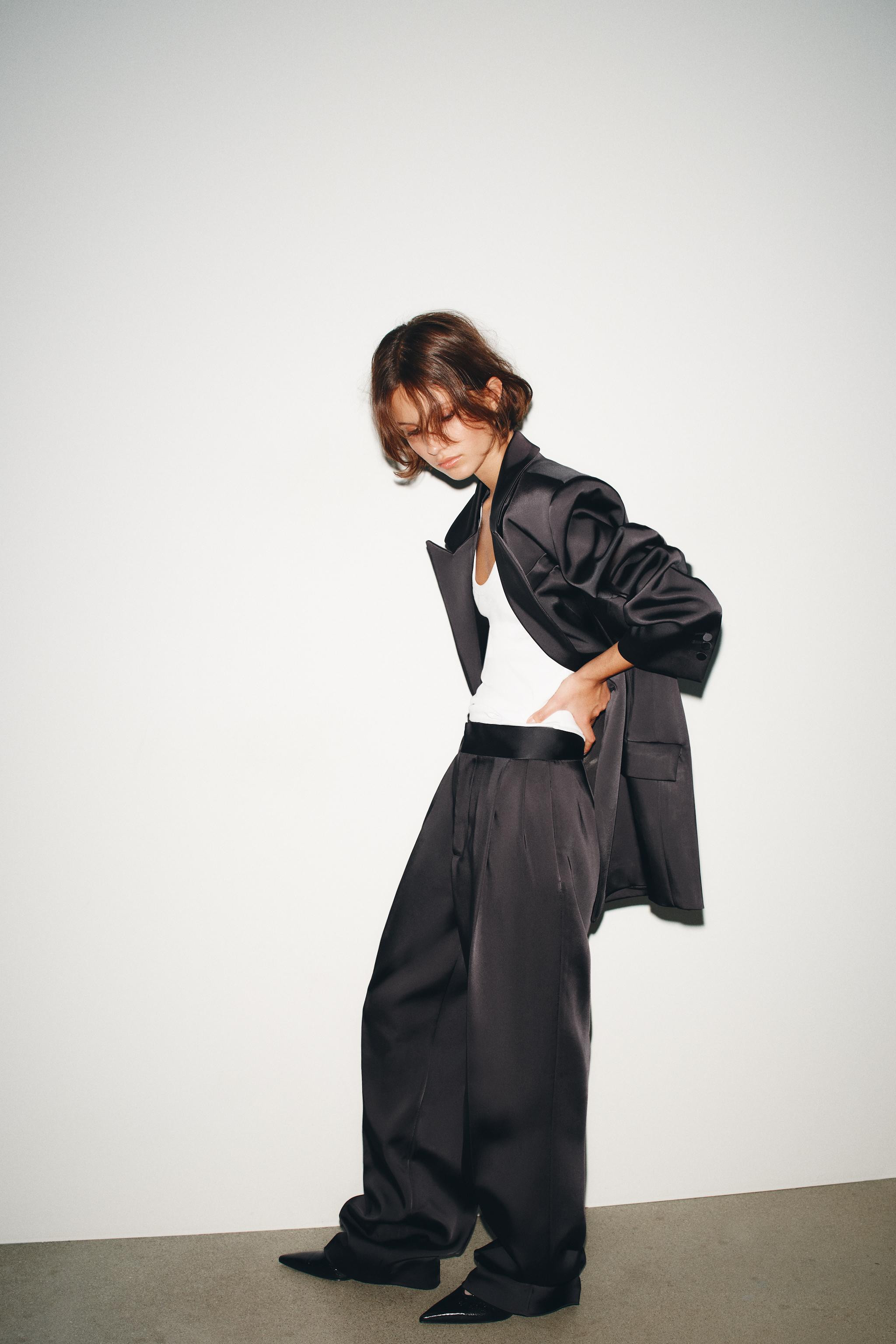 SATIN HIGH-WAIST PLEATED TROUSERS | Zara UK