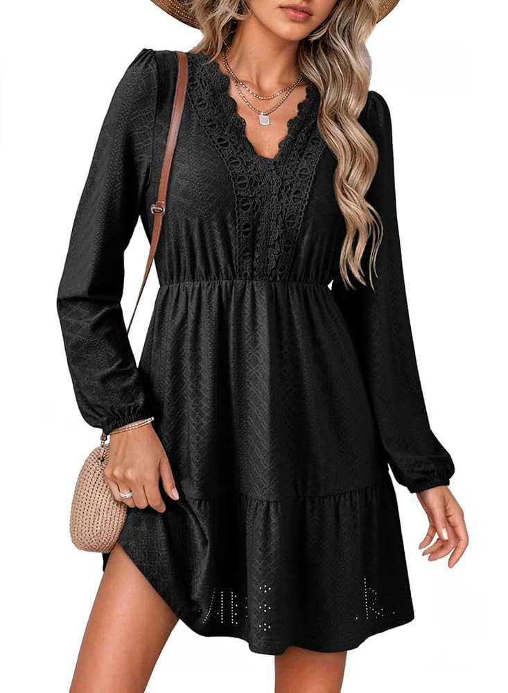 Dokotoo Fall Dresses for Women 2025 Elegant Lace Hollow Out Embroidered V Neck Long Sleeve Casual... | Amazon (US)