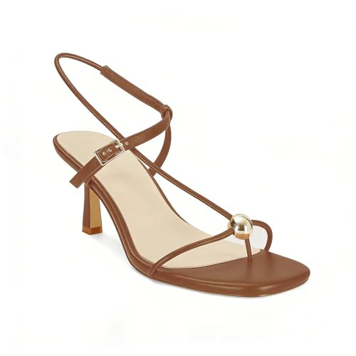 XBKXMK Brown Strappy Heels for Women Open Square Toe Slingback Kitten Heeled Sandals Dressy Beach Thong Flip Flop Slides Sandals | Amazon (US)