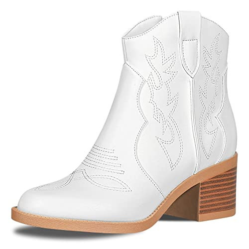 PIZZ ANNU Women's Embroidered Western Cowboy Boots Cowgirl Round Toe Short Ankle Boots Ladies Fashion Retro Classic Booties Chunky Heels, White 11 | Amazon (US)