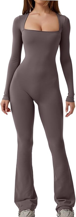 QINSEN Long Sleeve Jumpsuits for Women Square Neck Wide Leg Full Length Romper Playsuit | Amazon (US)