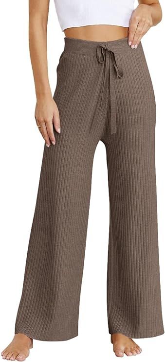LILLUSORY Womens Rib Knit Wide Leg Pants 2023 Capris Elastic Waist Casual Flowy Sweater Pants | Amazon (US)