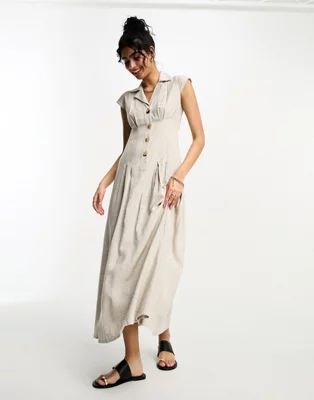 ASOS DESIGN linen cap sleeve shirt midi dress with pin tucks in oatmeal | ASOS (Global)