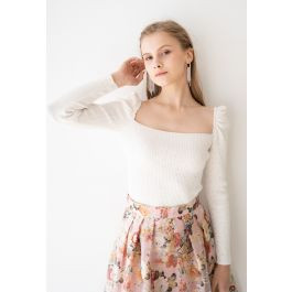 Flickering Square Neck Fitted Crop Knit Top in White | Chicwish