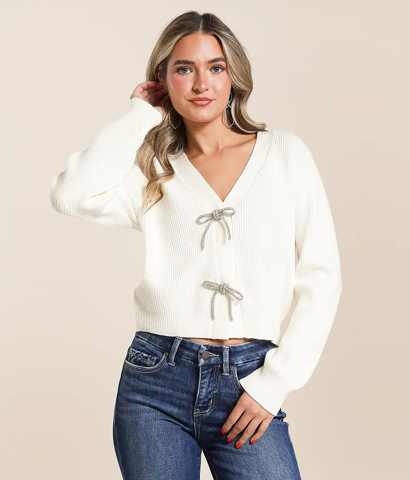 Rhinestone Bow Cropped Cardigan Sweater | Buckle