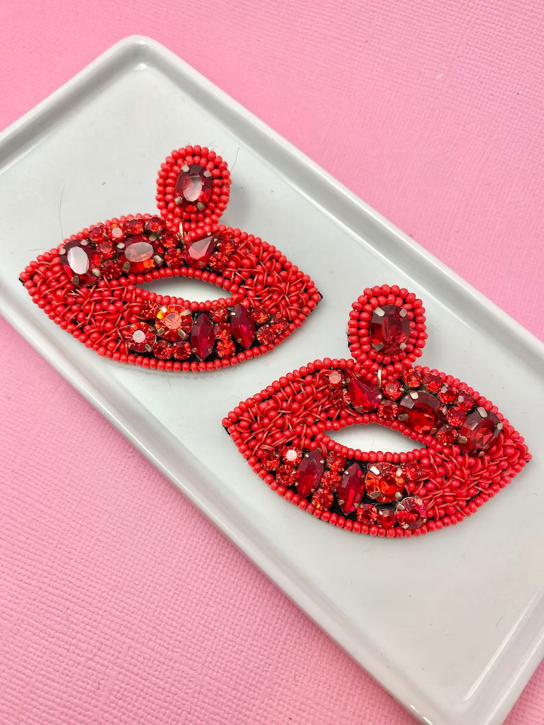 Beaded Red Lip Earrings, Valentines Day Earrings, Valentines Day Gift, Nashville, Las Vegas, Blon... | Etsy (US)
