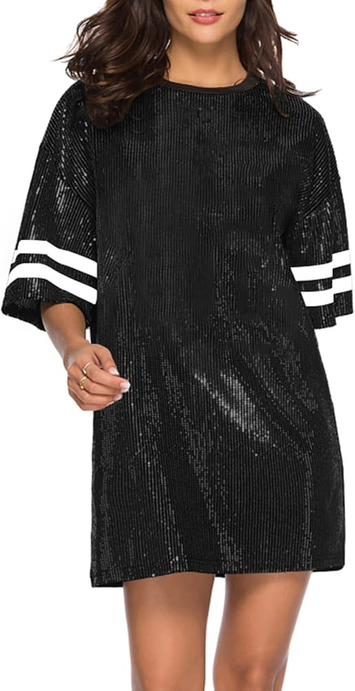 CUTUBLY Women Sequin T-Shirt Sparkly Sequin Short Dress Casual Loose Shiny Glitter Cocktail Birth... | Amazon (US)