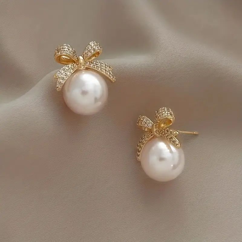 Imitation Pearl Pendant Bow Stud Earrings Exquisite Zircon Inlaid Alloy Ear Jewelry Elegant Style... | Temu Affiliate Program