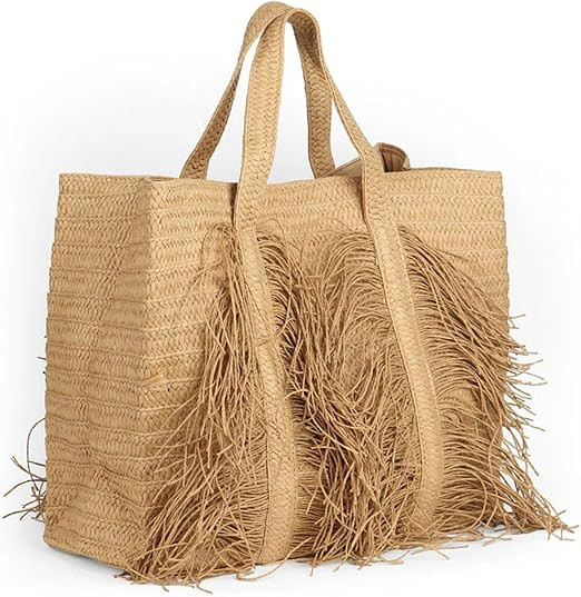Woven Straw Tote Bag for Women, Fashion Summer Fringe Handbag with Tassel Large Beach Shoulder Ba... | Amazon (US)