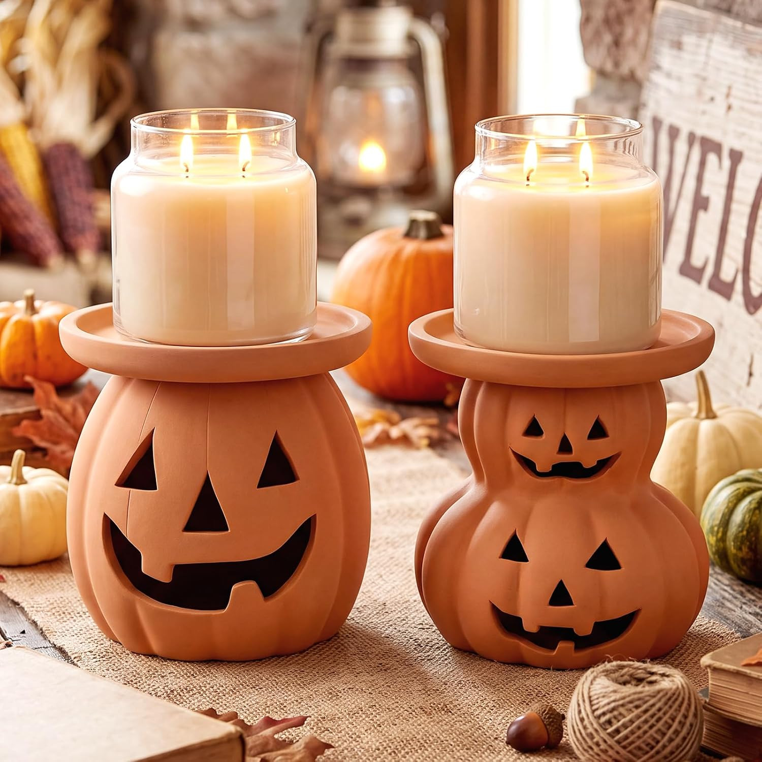 Tioncy 2pcs Halloween Decor Terracotta Jack O Lantern Pumpkin Candle Holder | Amazon (US)