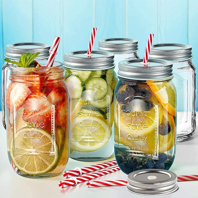 Regular Mouth Mason Jars Set of 6 Drinking Glasses Mugs 16oz Multifunctional Storage Jars with 3 ... | Amazon (US)