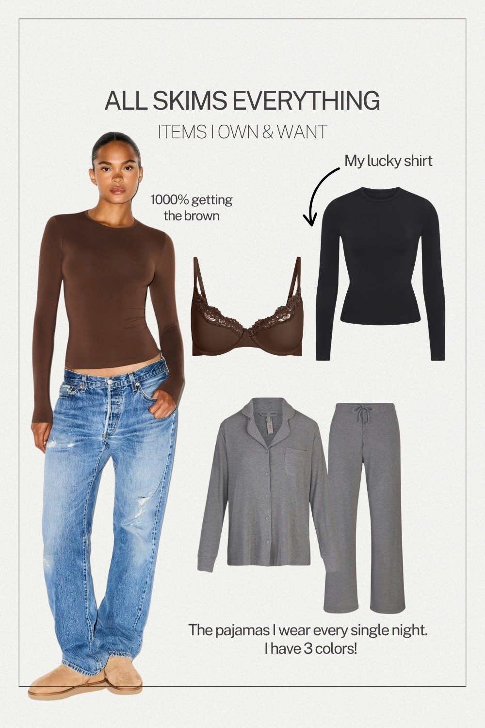 The best of skims! I own 3 of the long sleeves, 2 short sleeves and I wear all the seamless fits everybody bras! My favorite is the Plunge bra. #skims #skimspajamas #fallpajamas 