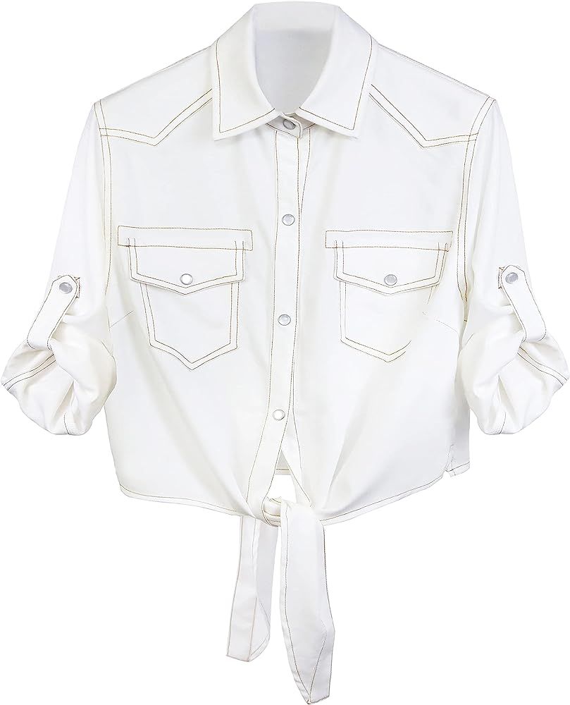 SeekMe Womens Denim Shirts Tie Front Crop Top Button Down Chambray Jean Shirts | Amazon (US)