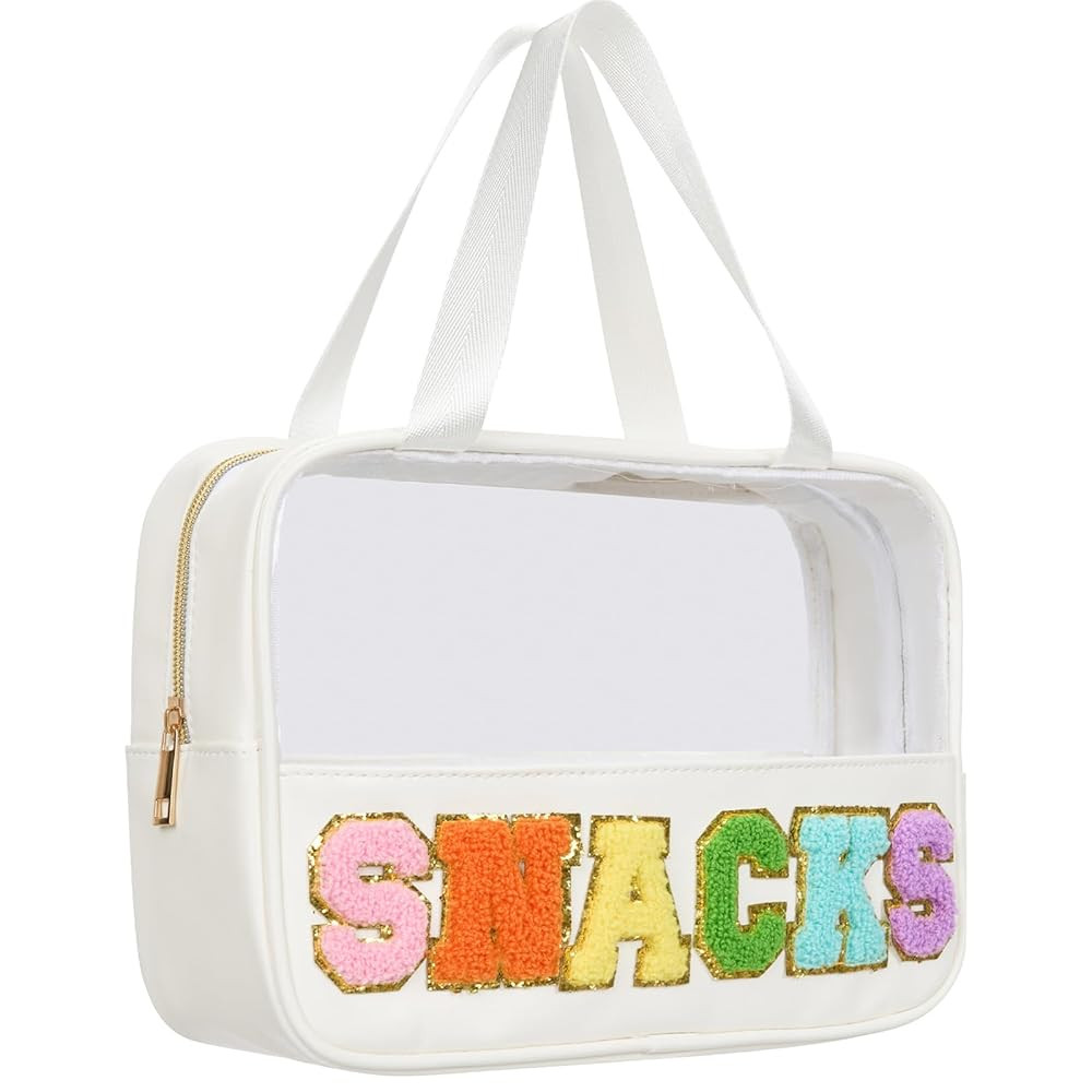 Snacks Bag Clear Chenille Varsity Letter Zipper Pouch Travel Makeup Bag Aesthetic Storage Organiz... | Amazon (US)