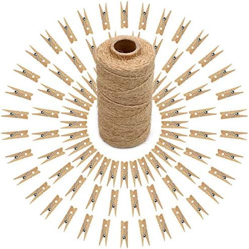 jijAcraft 100 Pcs Mini Natural Wooden Clothespins and 328 Feet Jute Twine,Baby Clothes Pins,3.5cm... | Amazon (US)