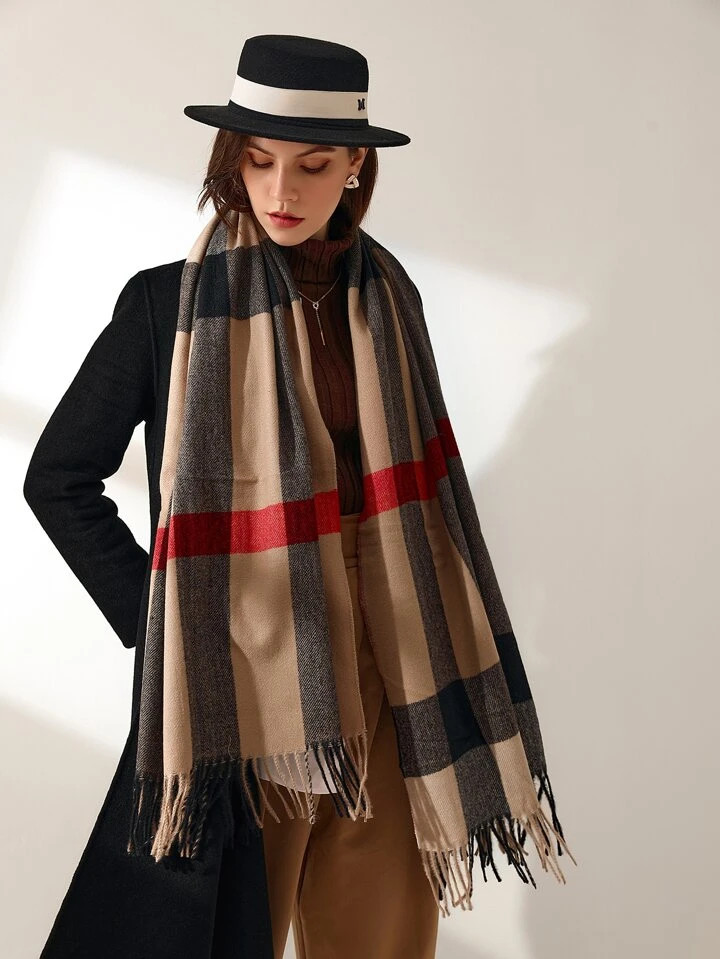 1pc Women's Plus Size Plaid Camel & Black Fringed Shawl, Made Of Faux Cashmere, Warm And Fashiona... | SHEIN
