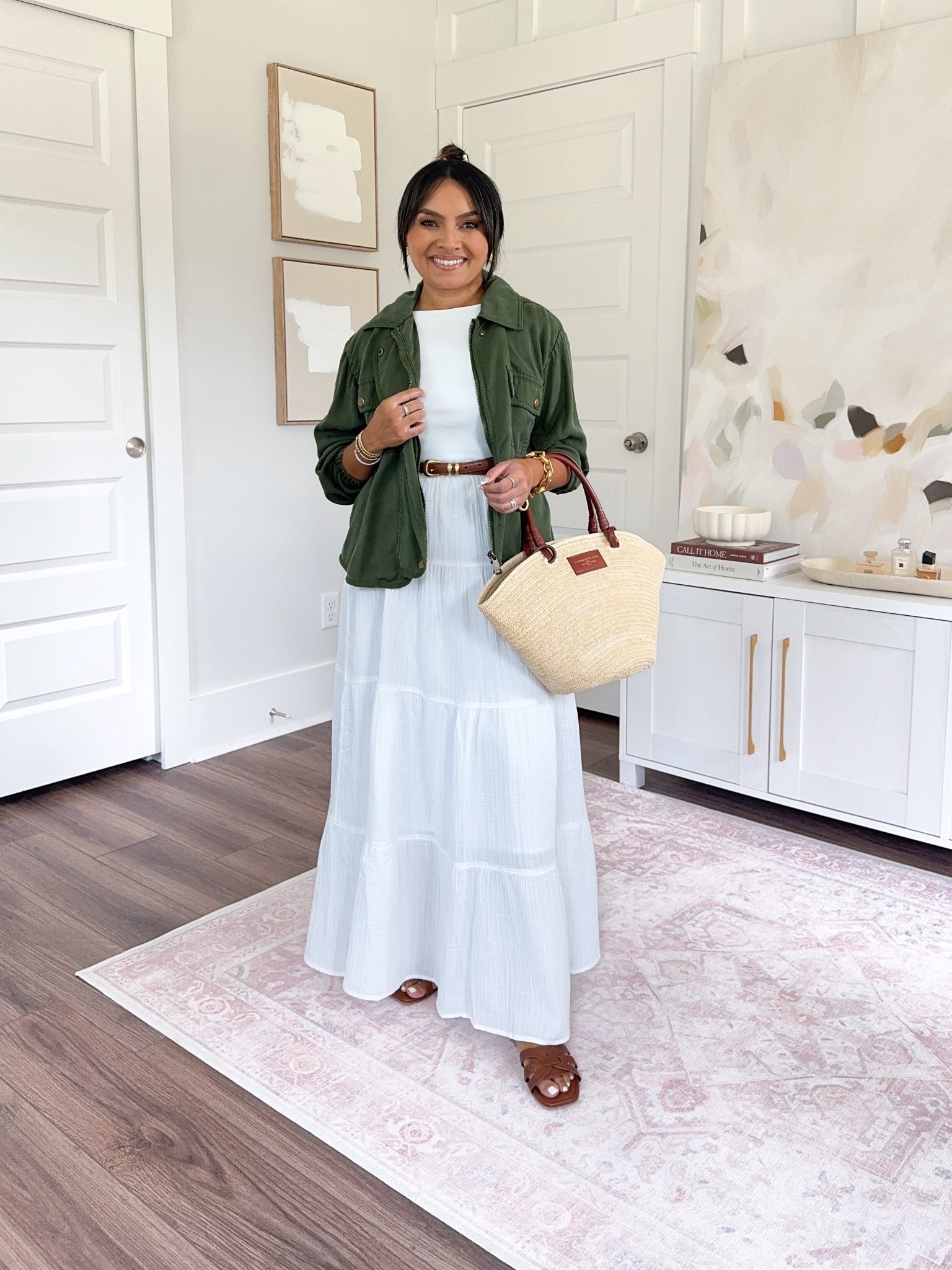 Olive green jacket size xs petite - roomy fit
White maxi skirt size - xs TTS 
Brown sandals - old, similar linked 


#LTKSaleAlert #LTKPetite #LTKStyleTip