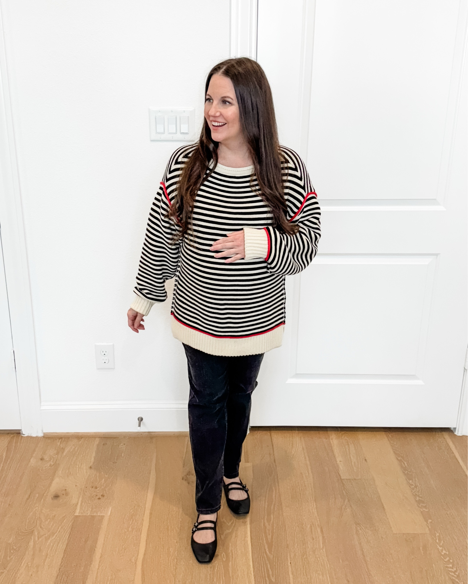 Cozy + Polished Pregnancy Style

If you’re looking for simple casual outfits that still feel put together, this winter outfit is a winner. The striped pullover sweater pairs perfectly with black jeans, and these truly are the best maternity jeans for bump-friendly wear. Added black Mary Jane ballet flats to keep it classic and comfortable.
An easy, elevated pregnancy outfit for errands or casual plans.

#LTKPetite #LTKSeasonal #LTKBump