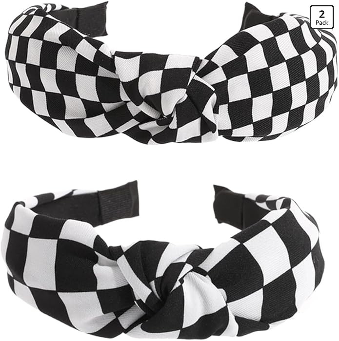 Black and White Checkered Headbands 2PCS, Knotted Headbands for Women Non Slip Top Knot Hair Band... | Amazon (US)
