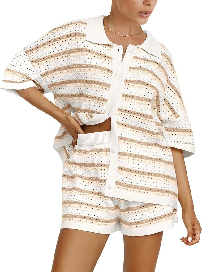 Women's 2 Piece Crochet Knit Lounge Outfits Color Block Button Top and Striped Wide Leg Shorts Pa... | Amazon (US)