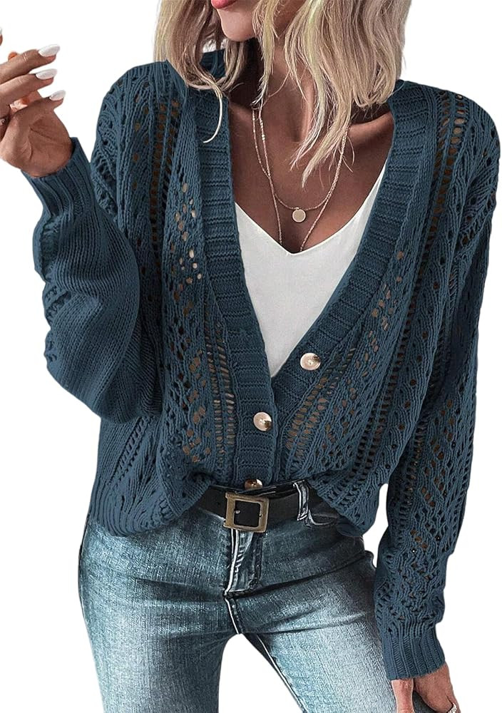 SHEWIN Cardigan Sweaters for Women Lightweight Long Sleeve Cable Knit Open Front Button Down Croc... | Amazon (US)