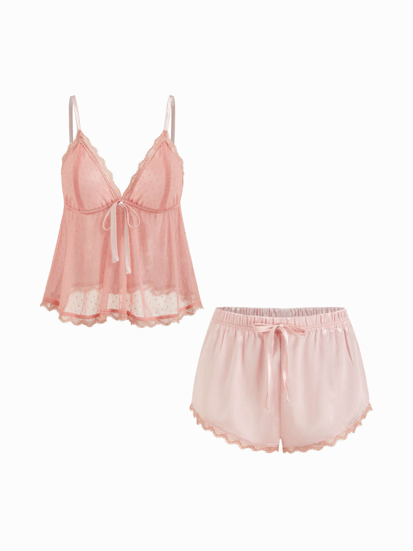 Lace V-neck Knotted Cami Top & Satin Mid Rise Lace Trim Shorts Loungewear Set | Cider