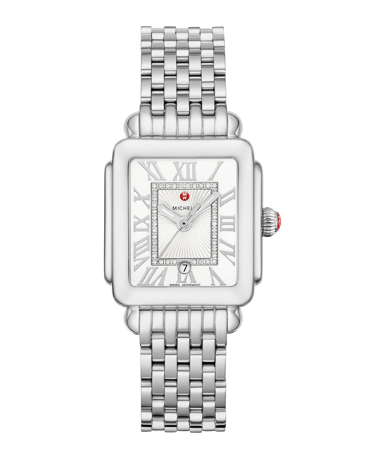 Deco Madison Mid Diamond-Dial Watch, Silver/White | Neiman Marcus