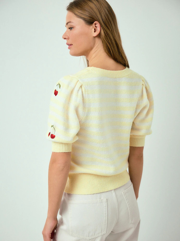 Yellow/White Stripe Cherry Puff Sleeve Knitted Top | Next US