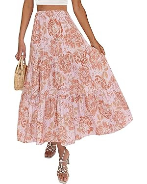 ZESICA Women's 2024 Summer Plaid Flower Print Elastic High Waist Flowy A Line Maxi Skirt with Poc... | Amazon (US)