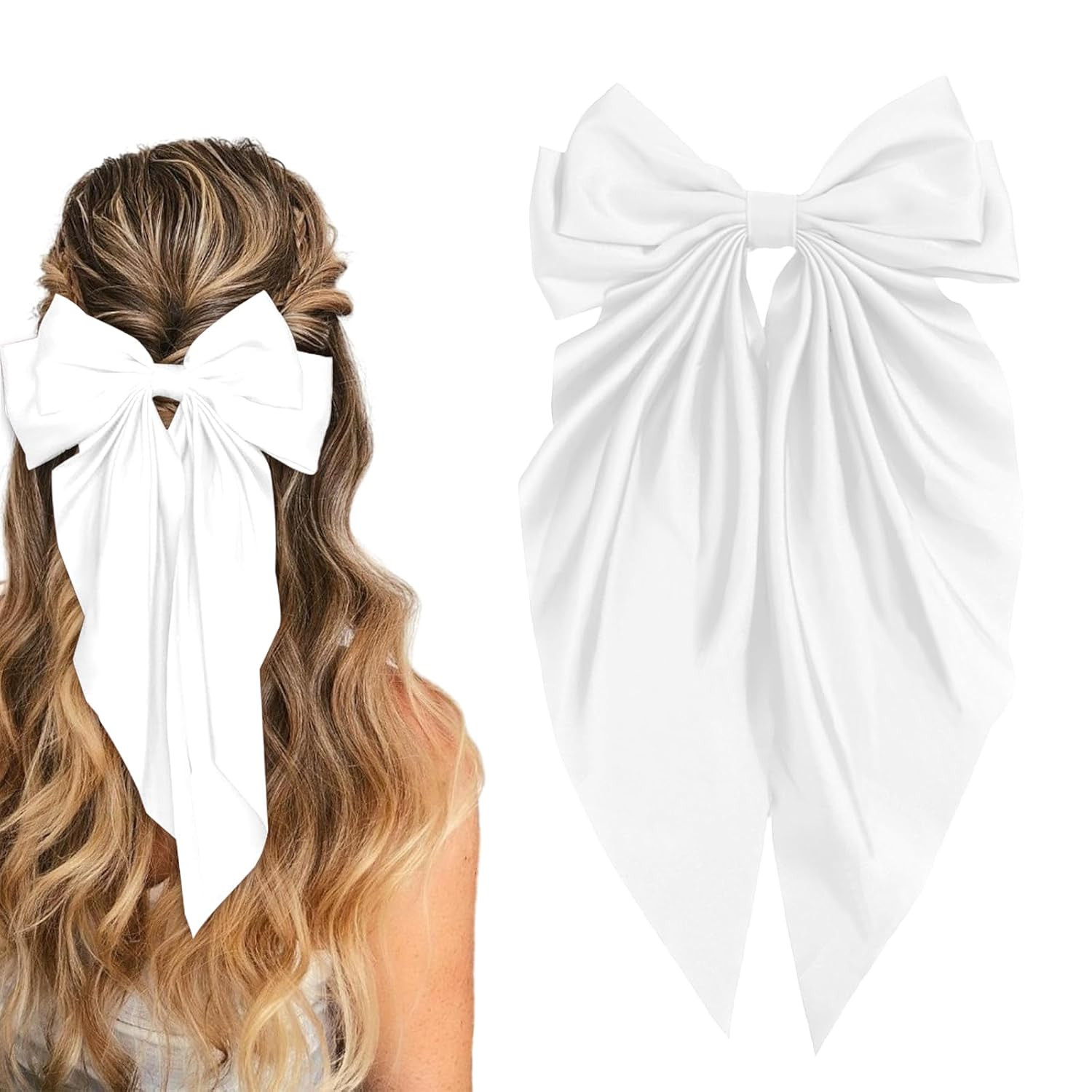 Hair Bow for Girls,Cute Bow Hair Clips for Women Oversized Satin Hair clips Long Ribbon Hair Accessories Gifts for Girl (Pure white) | Amazon (US)