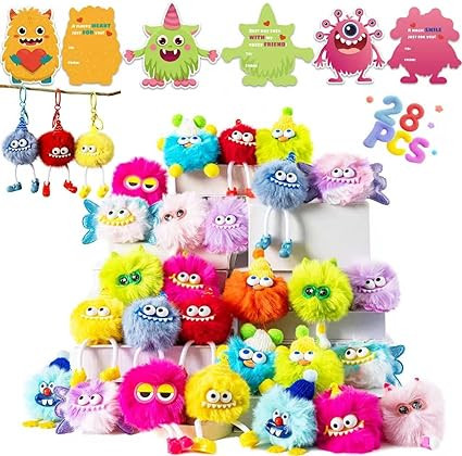 Valentines Day Gifts for Kids School Classroom Exchange, 28 Pack Monster Plush Keychains with 28 ... | Amazon (US)